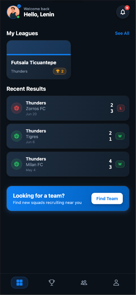 LeagueFlow mobile app home dashboard screenshot showing active leagues, recent match results, and squad recruitment
