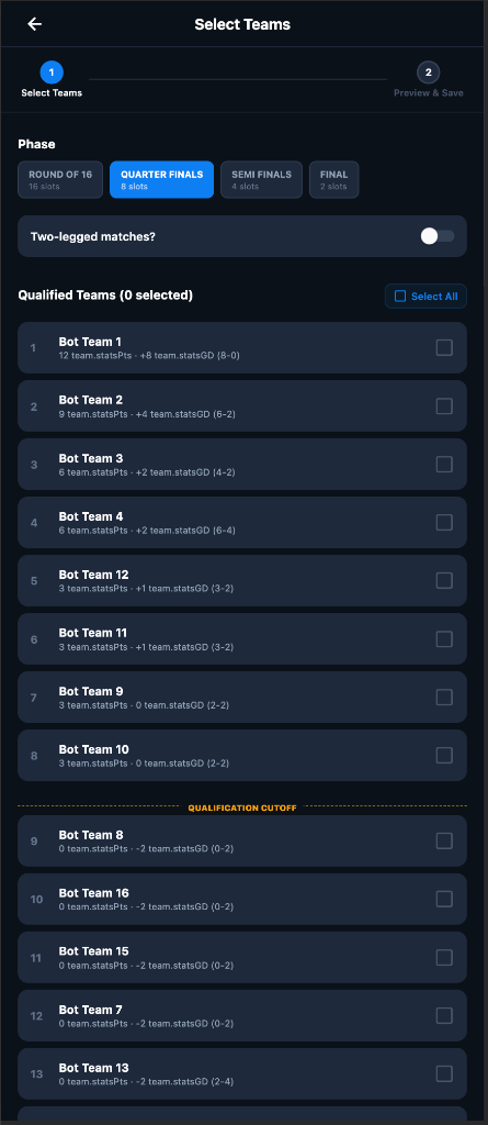 LeagueFlow mobile app knockout phase bracket generator screenshot showing Round of 16, Quarter Finals, Semi Finals, and qualification cutoffs