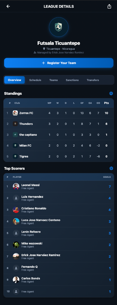LeagueFlow mobile app league details screenshot showing team standings leaderboard and top scorers statistics