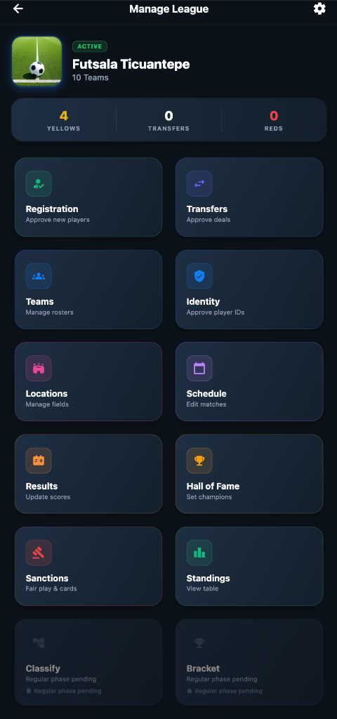 LeagueFlow mobile app manage league dashboard screenshot showing player registration, identity verification, transfers, match schedules, sanctions, and standings