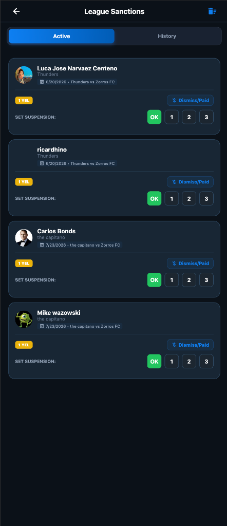 LeagueFlow mobile app sanctions and suspensions manager screenshot showing yellow card tracking, dismiss/paid actions, and 1 to 3 match suspension settings
