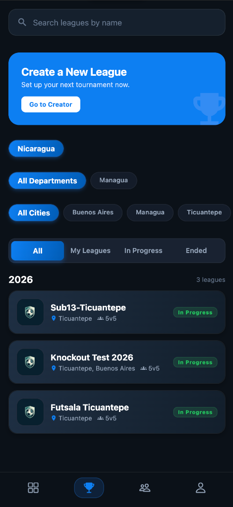 LeagueFlow mobile app leagues view screenshot showing search, location filters, and active tournament listings
