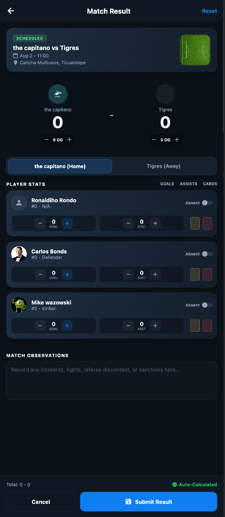 LeagueFlow mobile app match result reporter screenshot showing live score calculations, player goals, assists, yellow/red cards, and referee observations