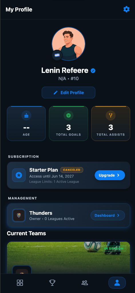 LeagueFlow mobile app profile management screenshot showing career stats, goal counts, subscription status, and team ownership