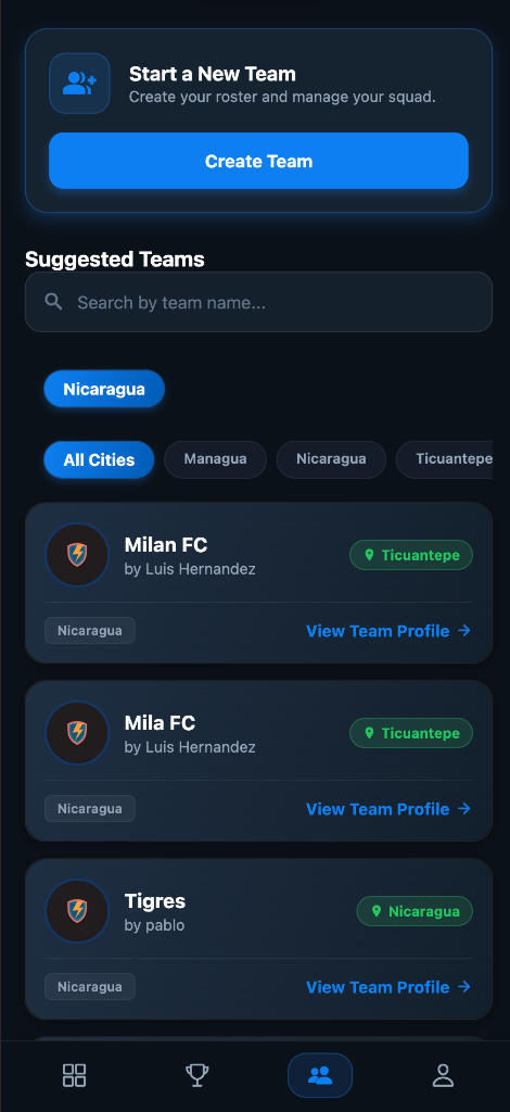 LeagueFlow mobile app team finder and creator screenshot showing team creation banner, search bar, and team cards