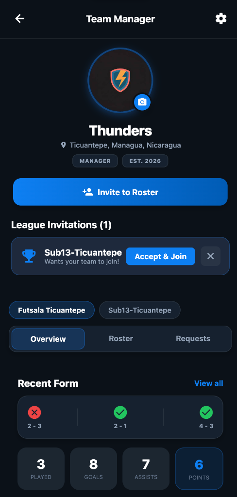 LeagueFlow mobile app team manager screenshot showing roster invitations, league join requests, recent match form, and squad stats